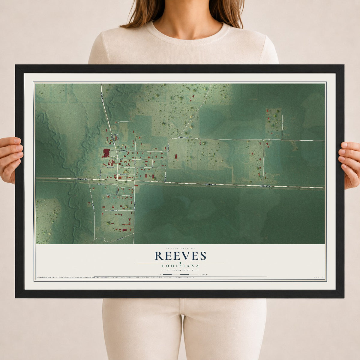 Map of Reeves, Louisiana, 18 x 24 inch print in a black wood frame