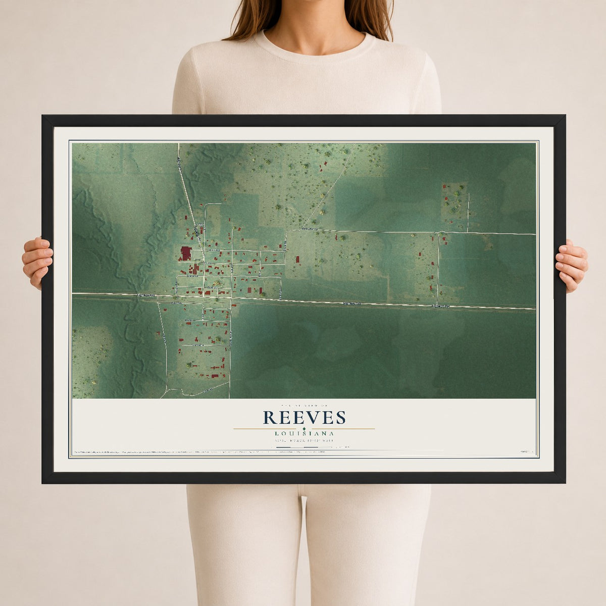 Map of Reeves, Louisiana, 24 x 36 inch print in a black wood frame