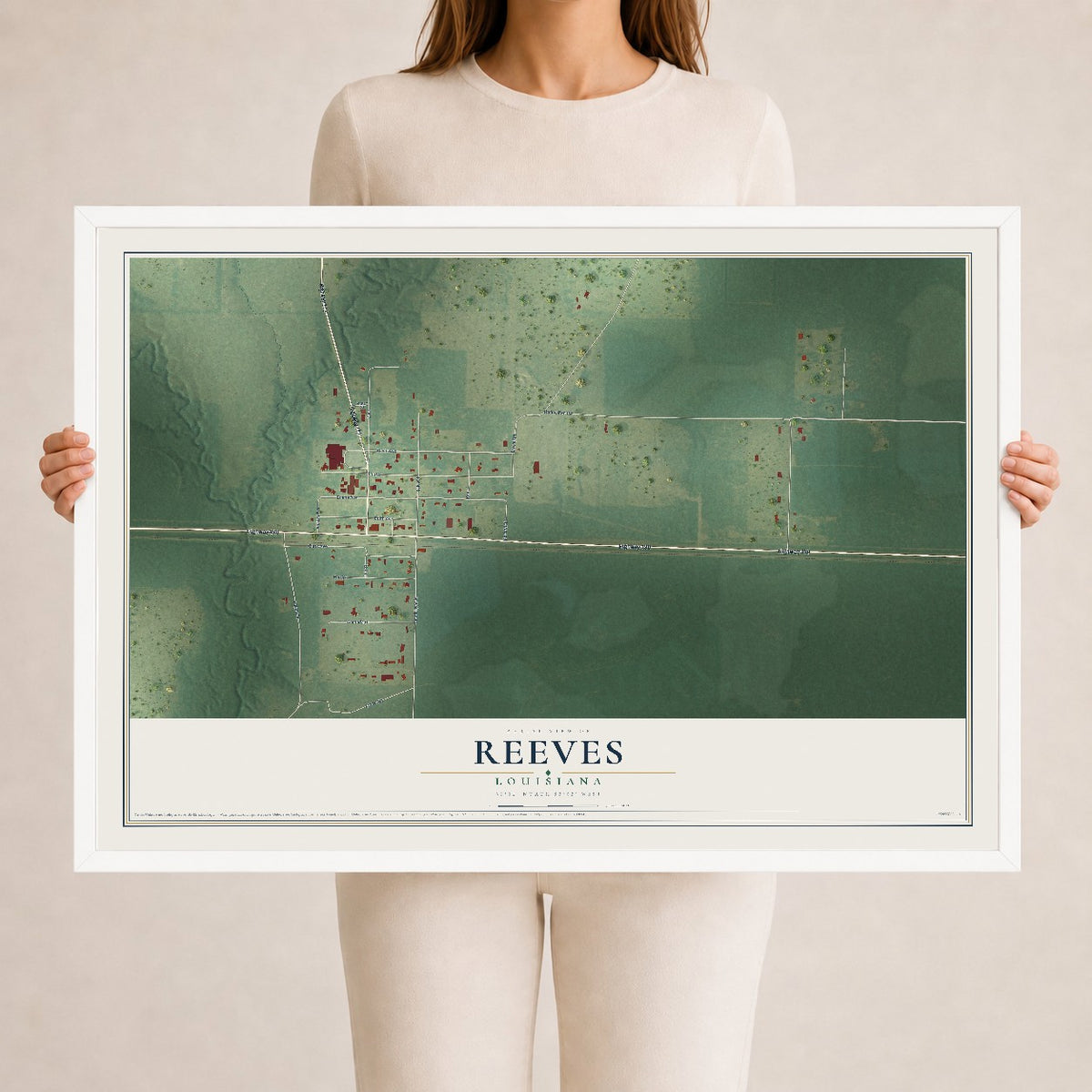 Map of Reeves, Louisiana, 24 x 36 inch print in a white wood frame