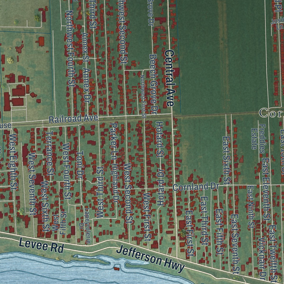 Close-up of the map of Reserve, Louisiana print showing street and building detail