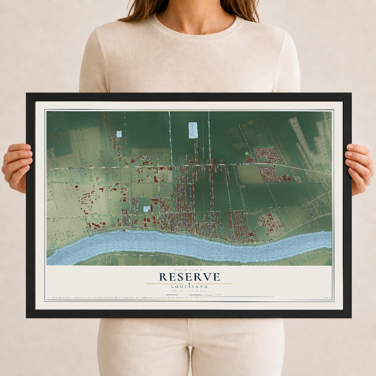 Map of Reserve, Louisiana, 12 x 18 inch print in a black wood frame