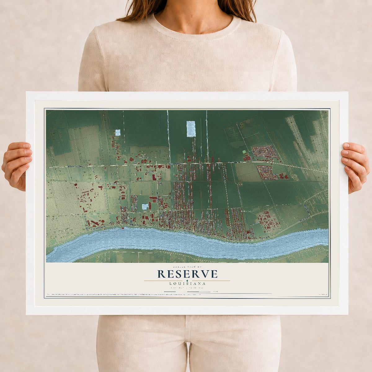 Map of Reserve, Louisiana, 12 x 18 inch print in a white wood frame