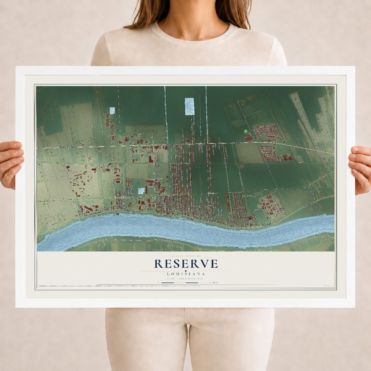 Map of Reserve, Louisiana, 18 x 24 inch print in a white wood frame