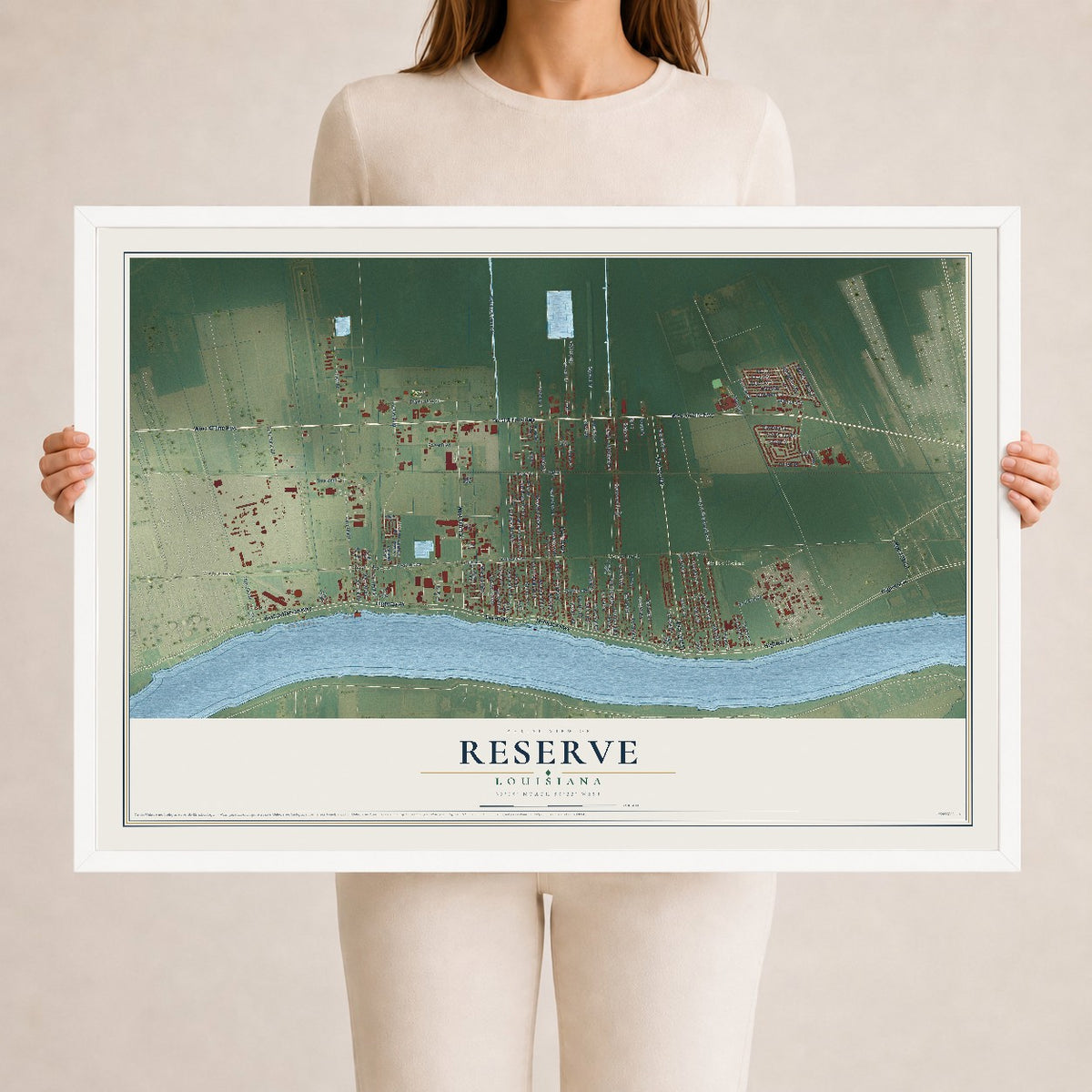 Map of Reserve, Louisiana, 24 x 36 inch print in a white wood frame