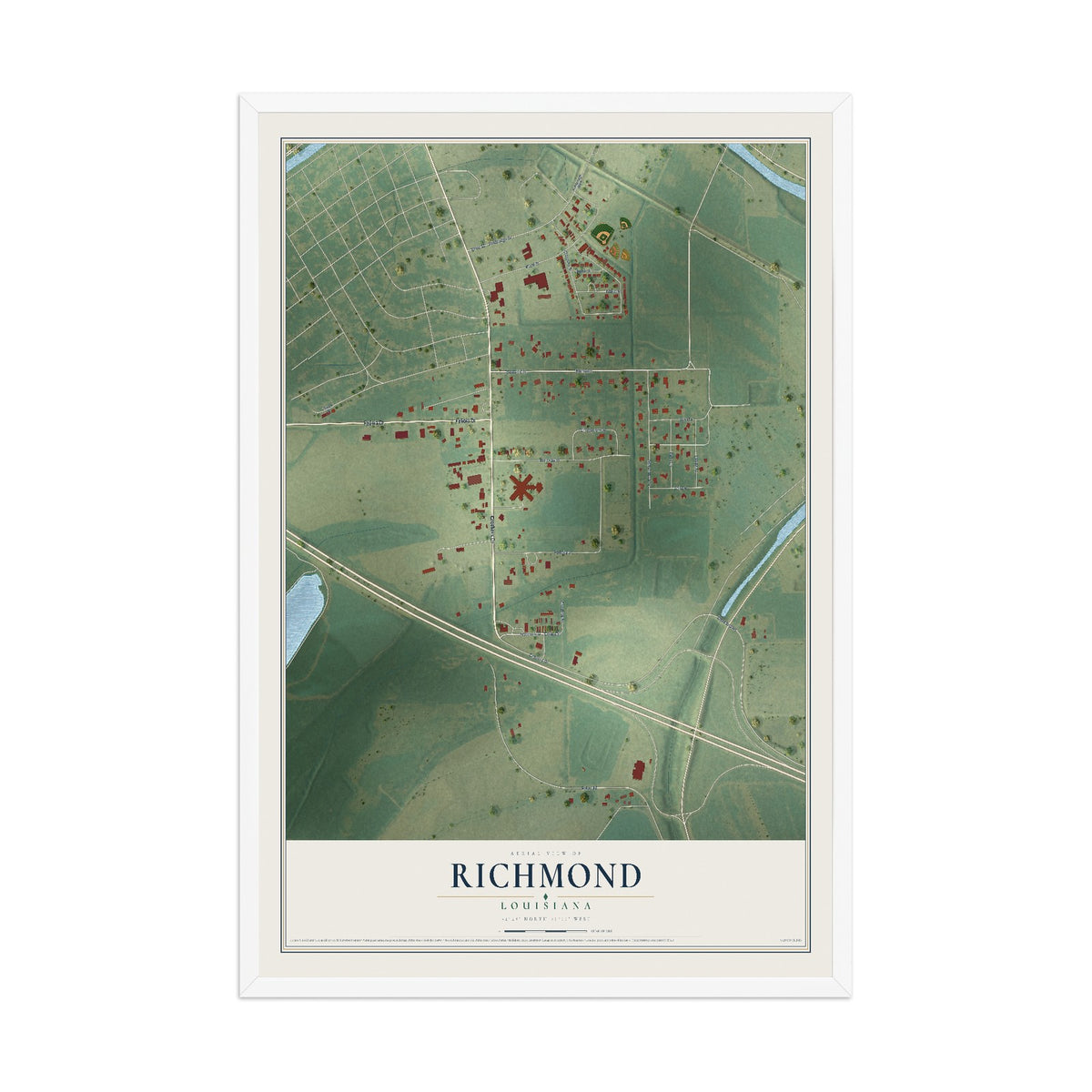 Map of Richmond, Louisiana, 12 x 18 inch print in a white wood frame