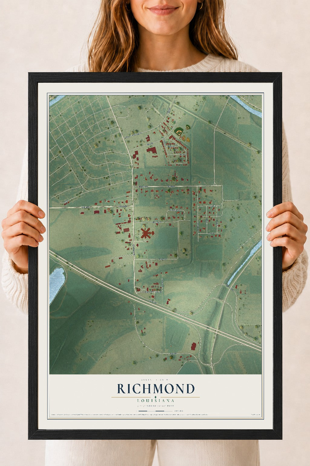 Map of Richmond, Louisiana, 18 x 24 inch print in a black wood frame