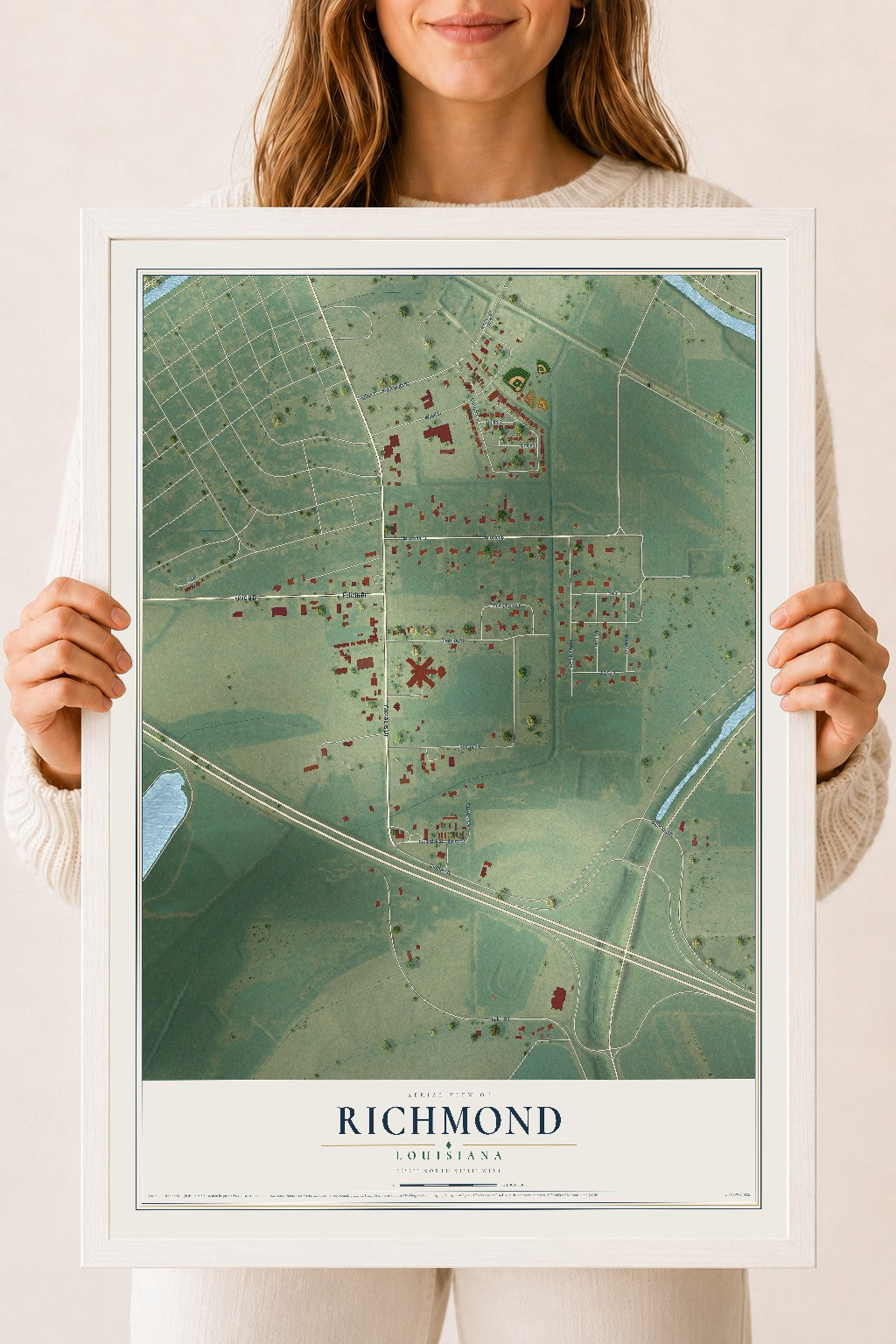 Map of Richmond, Louisiana, 18 x 24 inch print in a white wood frame