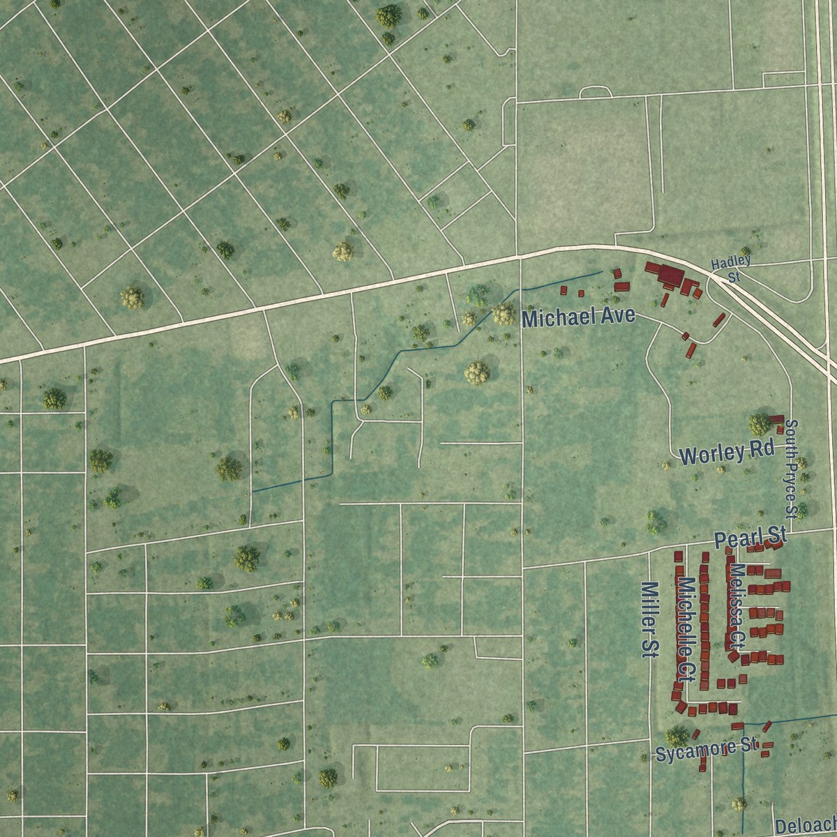 Close-up of the map of Richwood, Louisiana print showing street and building detail