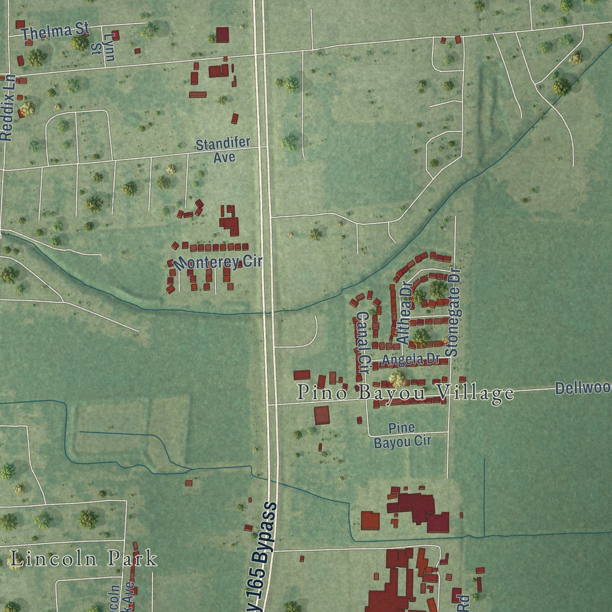 Second close-up of the map of Richwood, Louisiana print showing more streets and buildings