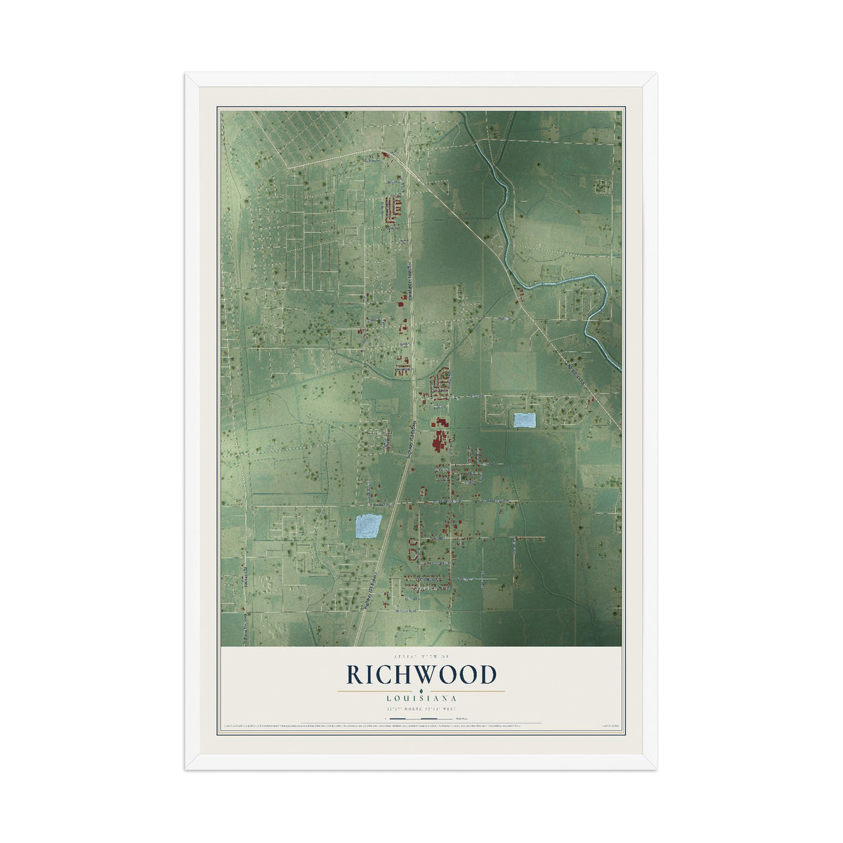 Map of Richwood, Louisiana, 12 x 18 inch print in a white wood frame