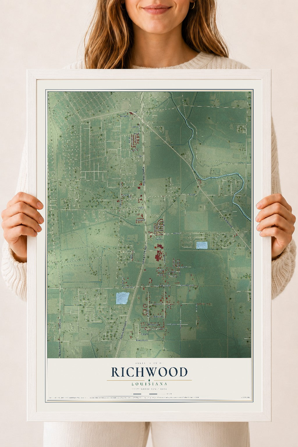 Map of Richwood, Louisiana, 18 x 24 inch print in a white wood frame