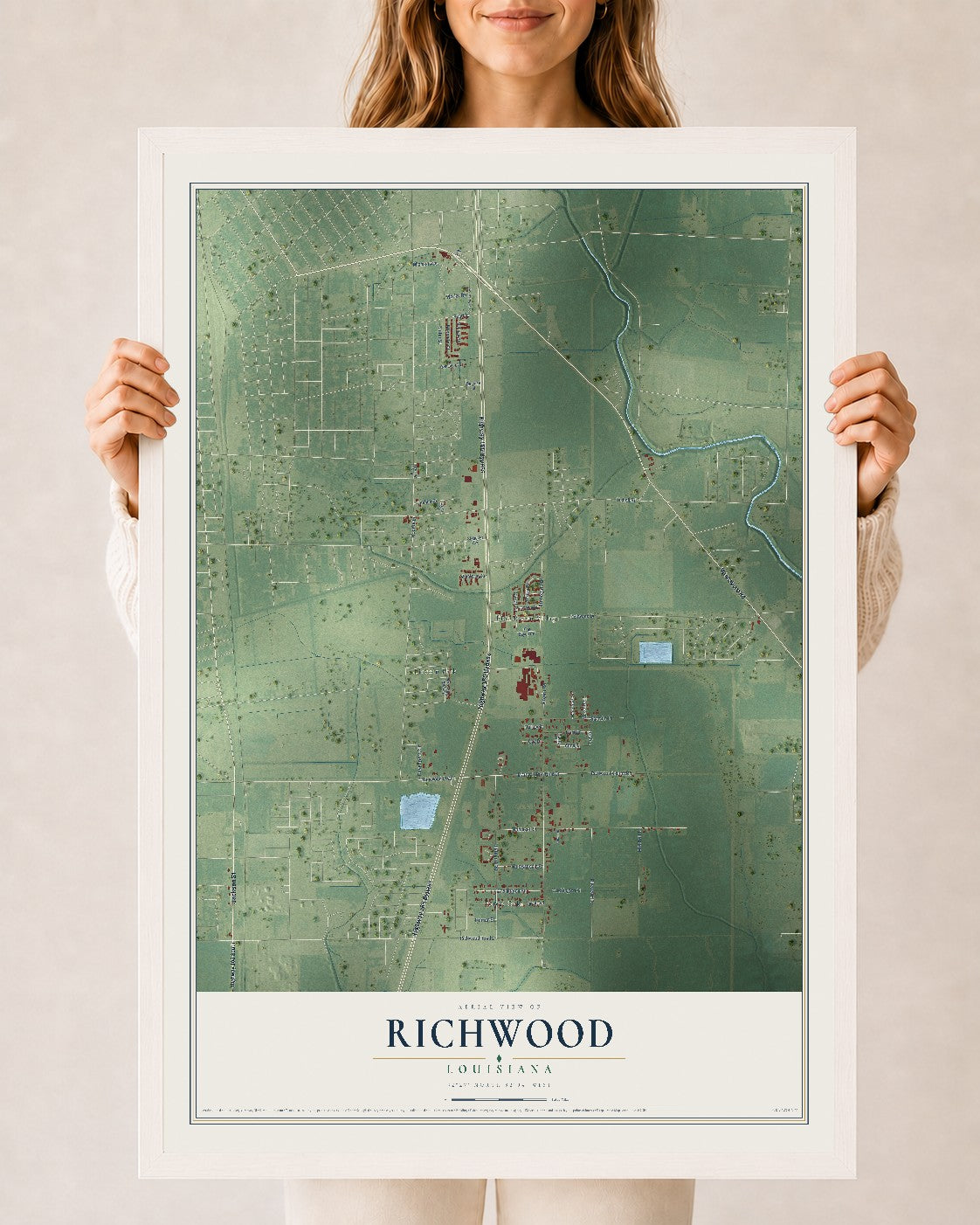 Map of Richwood, Louisiana, 24 x 36 inch print in a white wood frame