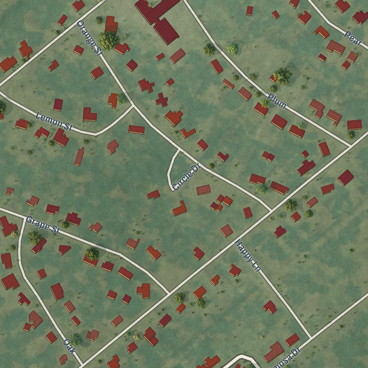 Second close-up of the map of Ridgecrest, Louisiana print showing more streets and buildings