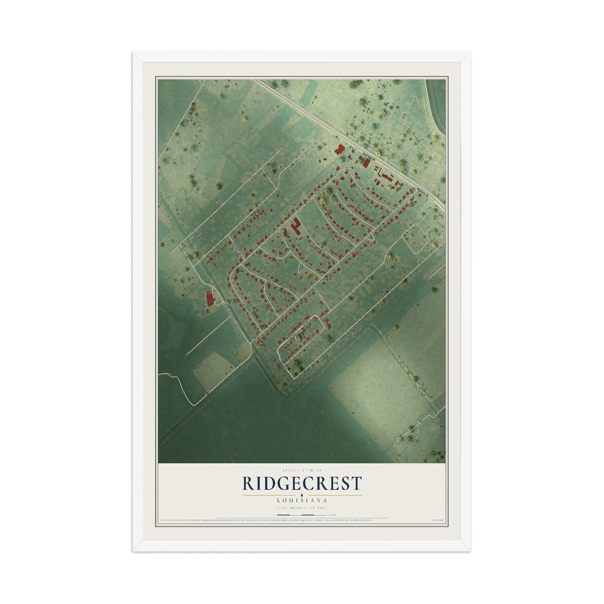 Map of Ridgecrest, Louisiana, 12 x 18 inch print in a white wood frame