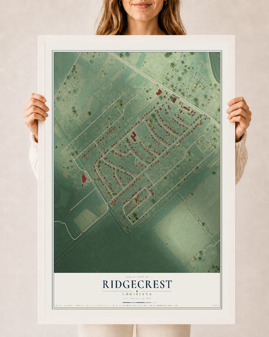Map of Ridgecrest, Louisiana, 24 x 36 inch print in a white wood frame