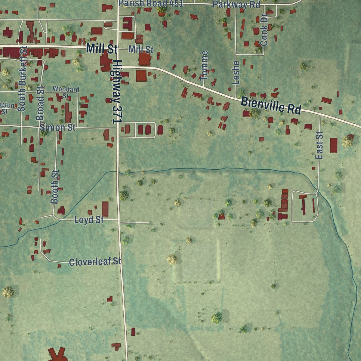 Close-up of the map of Ringgold, Louisiana print showing street and building detail