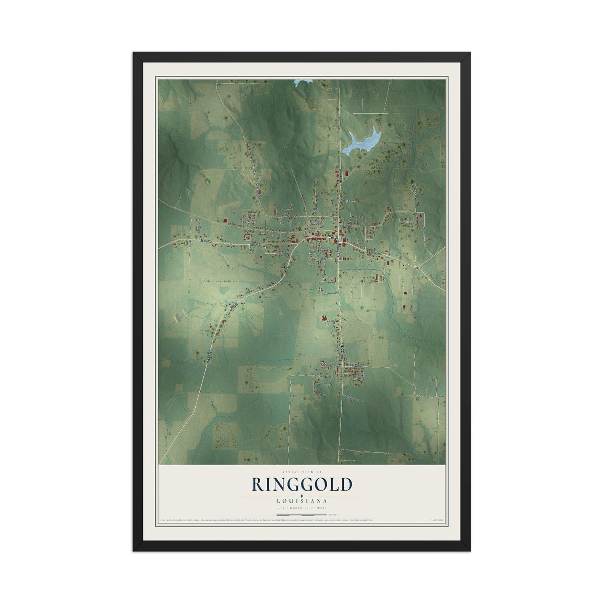 Map of Ringgold, Louisiana, 12 x 18 inch print in a black wood frame
