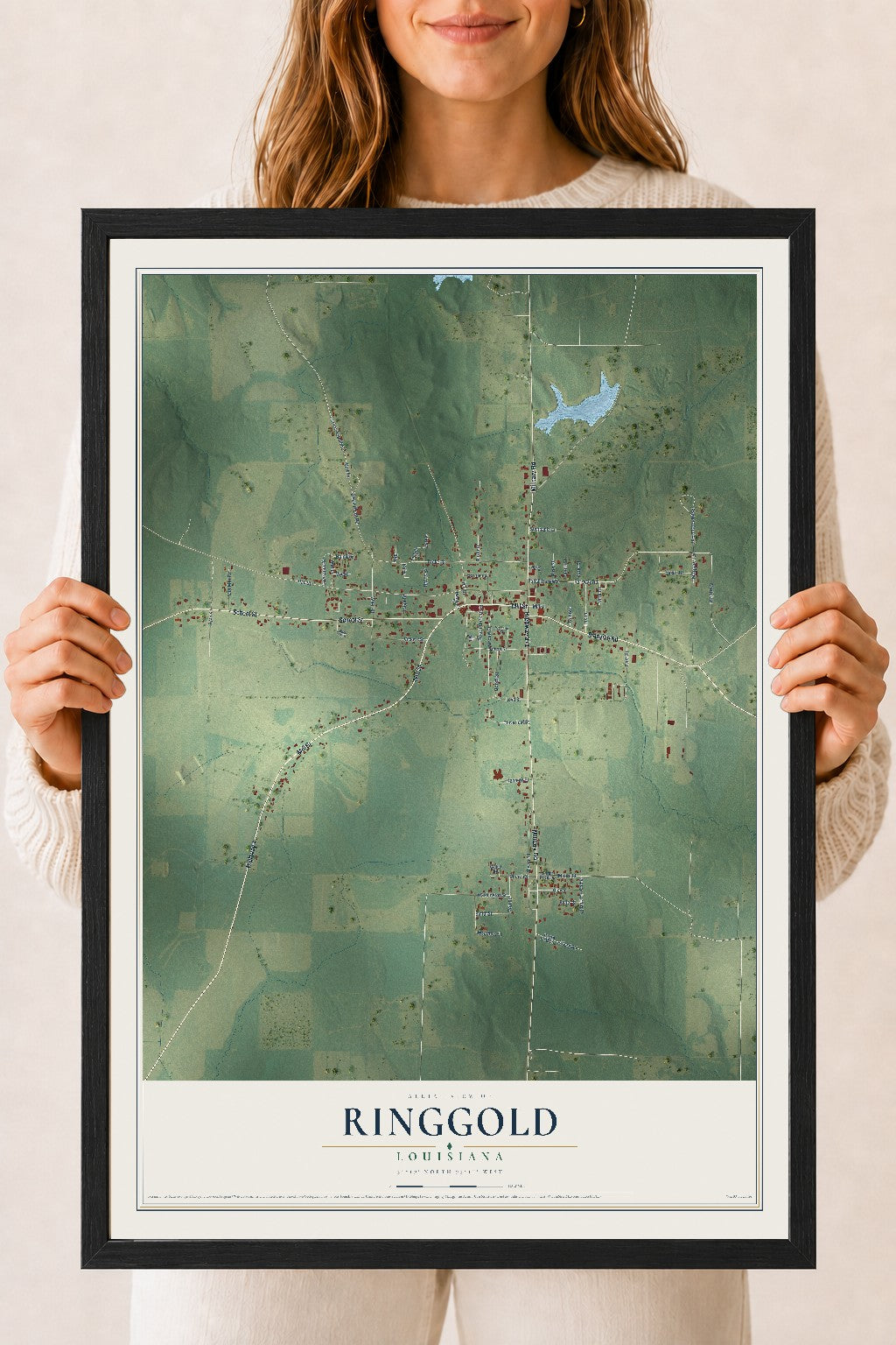 Map of Ringgold, Louisiana, 18 x 24 inch print in a black wood frame