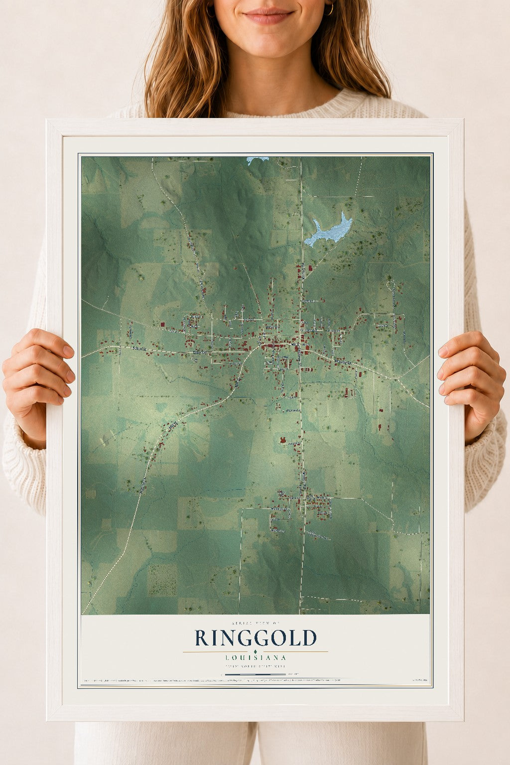 Map of Ringgold, Louisiana, 18 x 24 inch print in a white wood frame