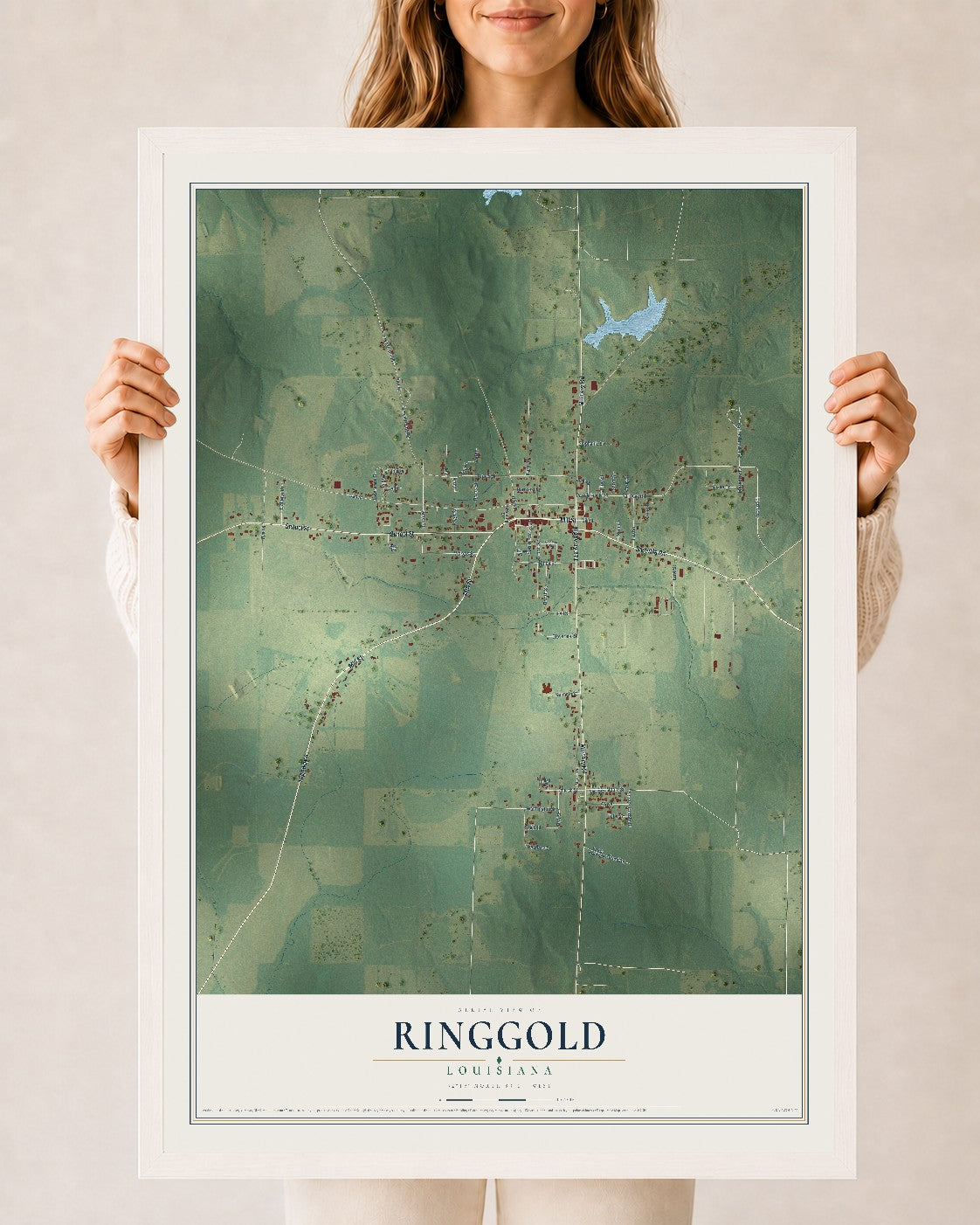 Map of Ringgold, Louisiana, 24 x 36 inch print in a white wood frame