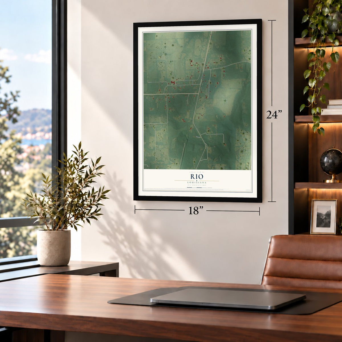 Rio, Louisiana map, 18 x 24 inch print in a black frame in a home office