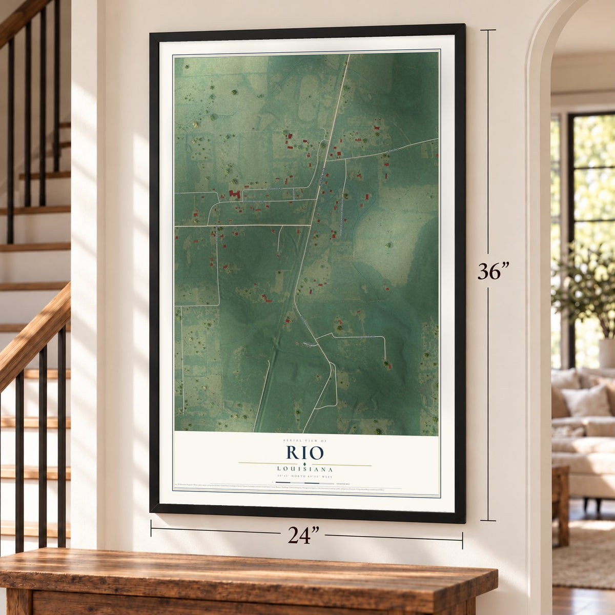 Rio, Louisiana map, 24 x 36 inch print in a black frame by a staircase