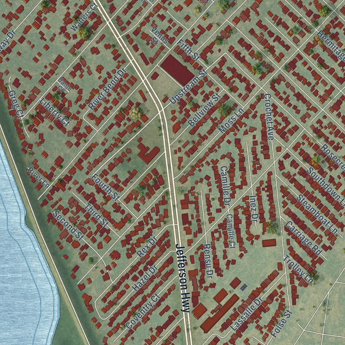 Close-up of the map of River Ridge, Louisiana print showing street and building detail