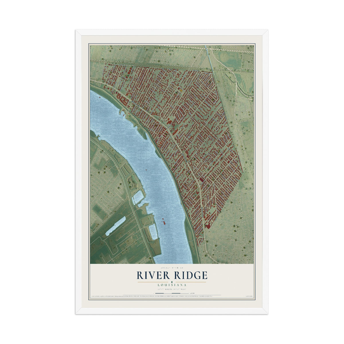 Map of River Ridge, Louisiana, 12 x 18 inch print in a white wood frame