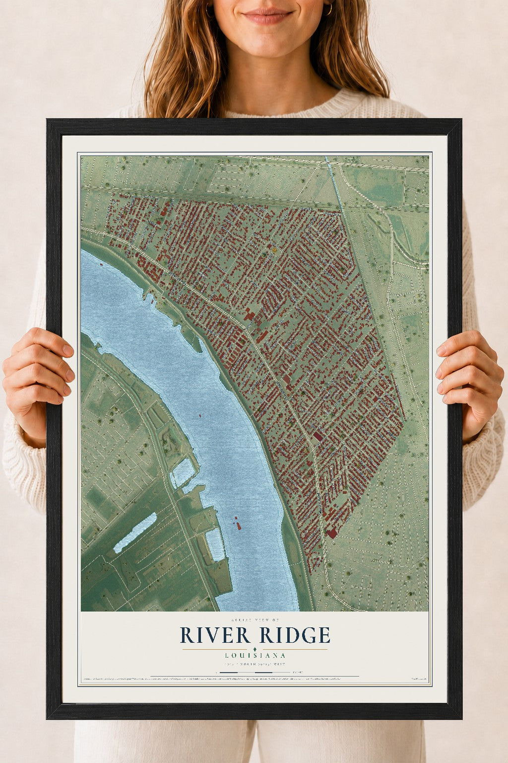 Map of River Ridge, Louisiana, 18 x 24 inch print in a black wood frame