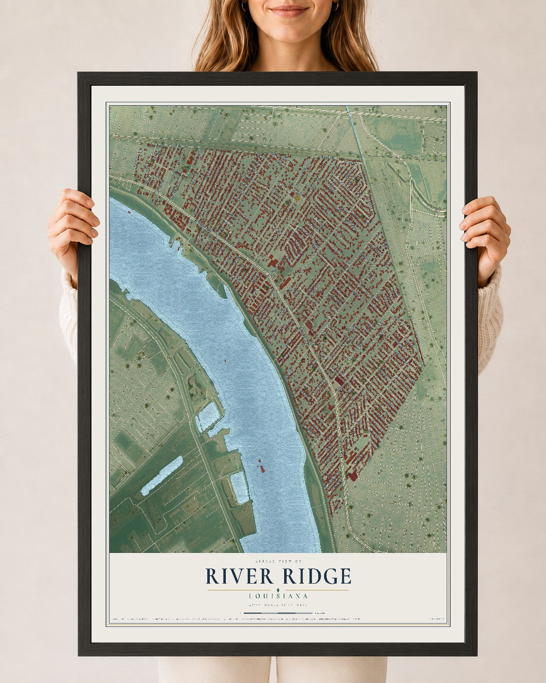 Map of River Ridge, Louisiana, 24 x 36 inch print in a black wood frame