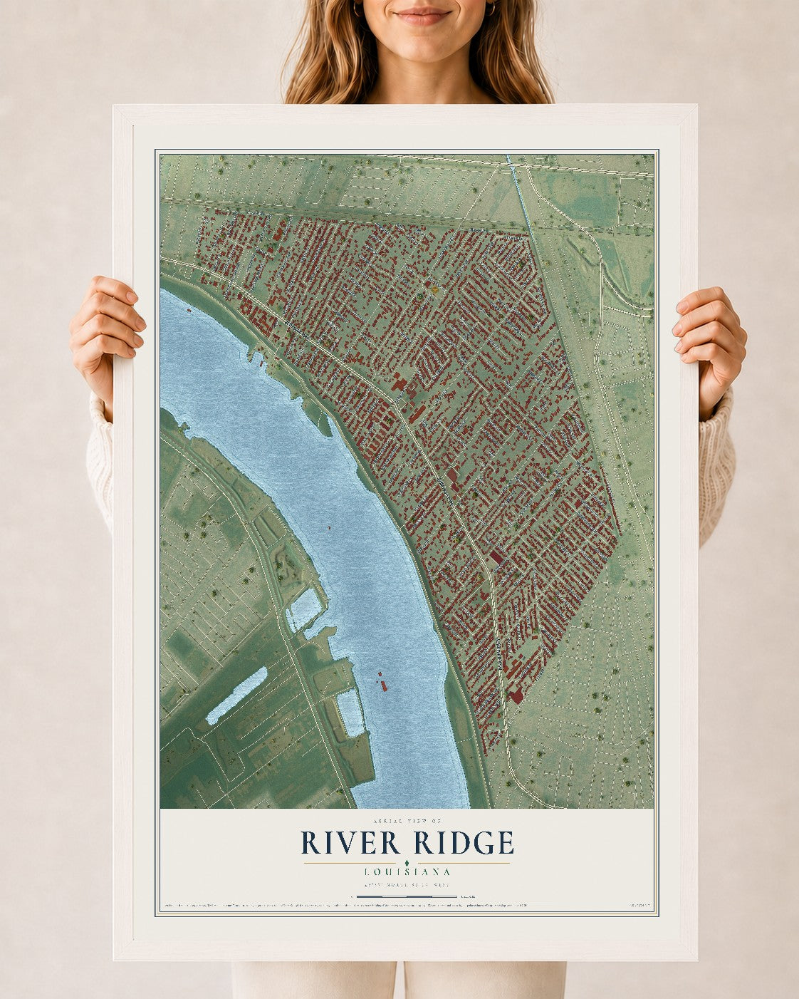 Map of River Ridge, Louisiana, 24 x 36 inch print in a white wood frame