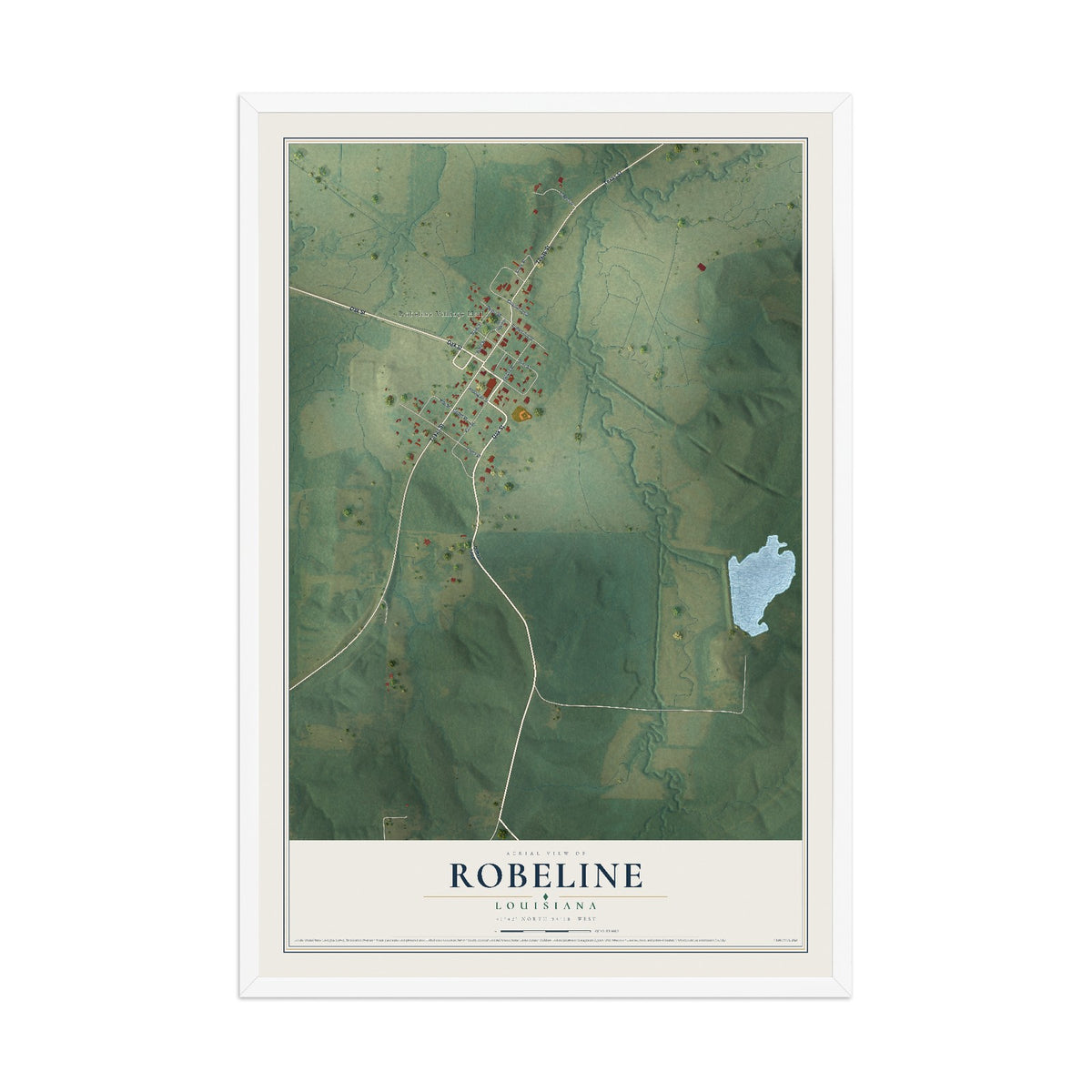 Map of Robeline, Louisiana, 12 x 18 inch print in a white wood frame