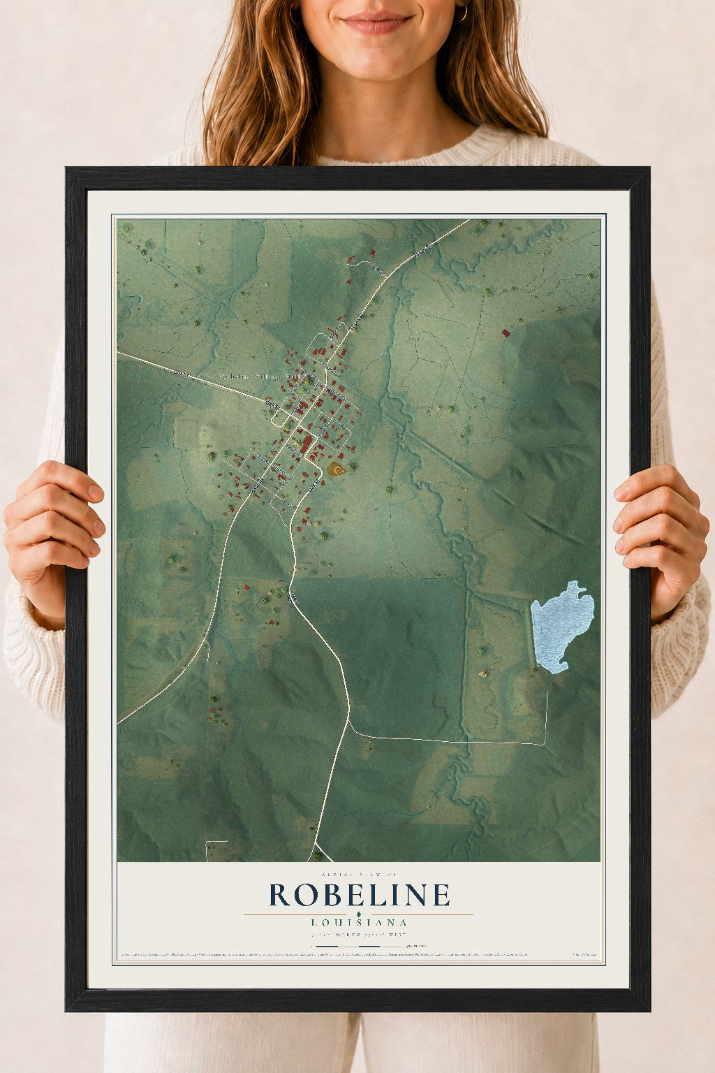 Map of Robeline, Louisiana, 18 x 24 inch print in a black wood frame