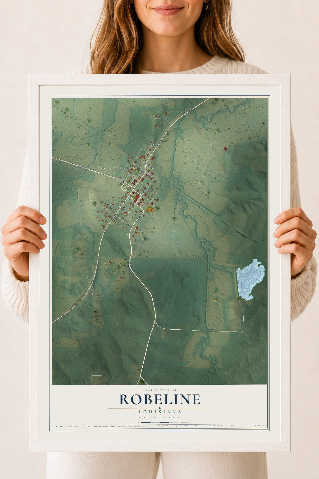 Map of Robeline, Louisiana, 18 x 24 inch print in a white wood frame