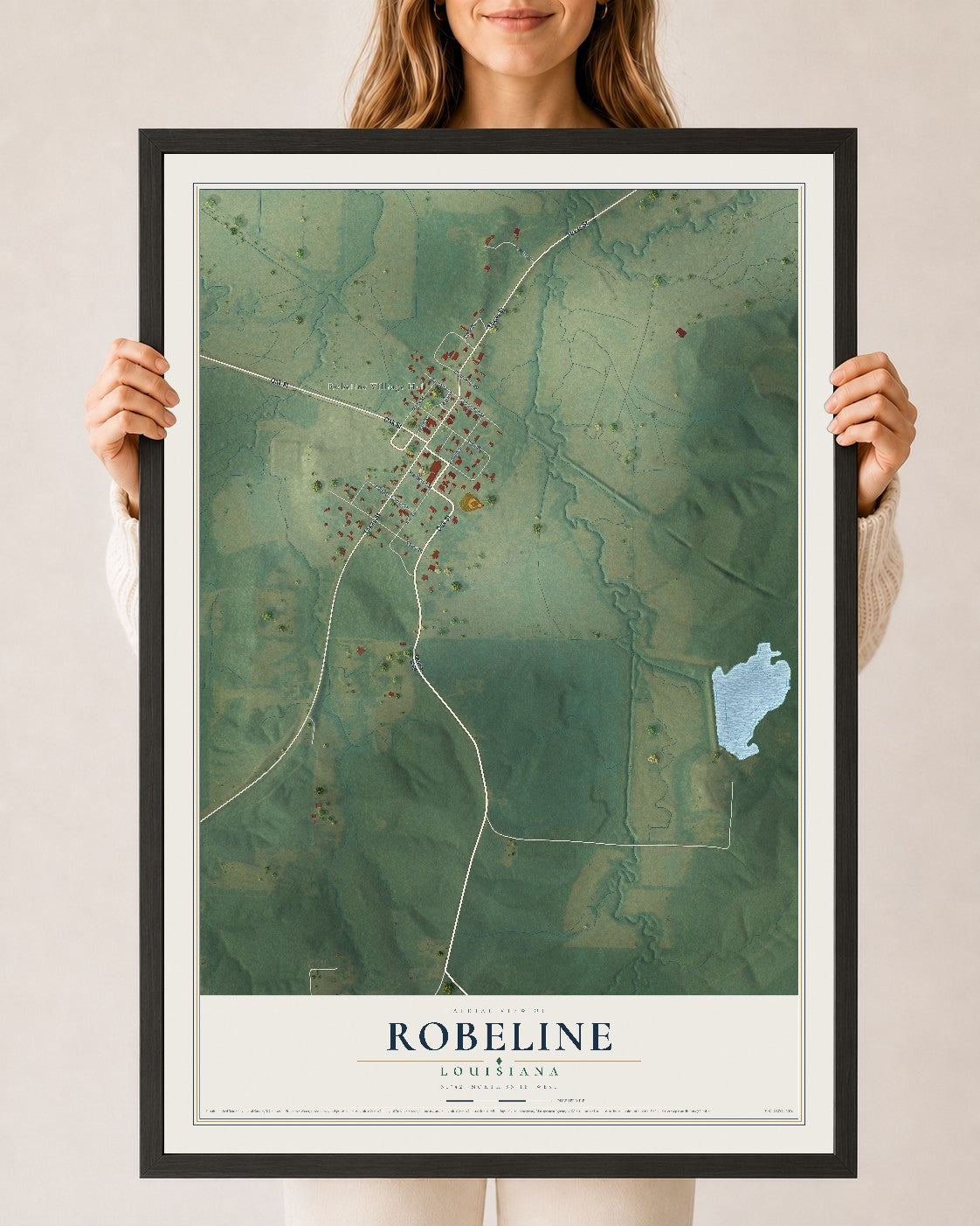 Map of Robeline, Louisiana, 24 x 36 inch print in a black wood frame