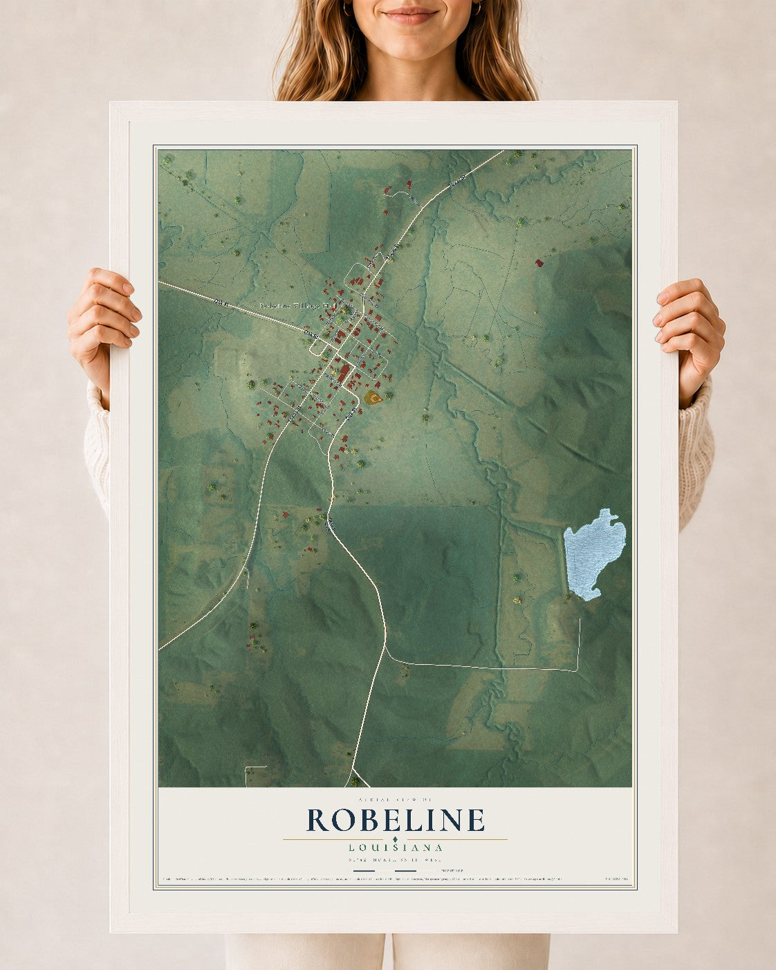 Map of Robeline, Louisiana, 24 x 36 inch print in a white wood frame