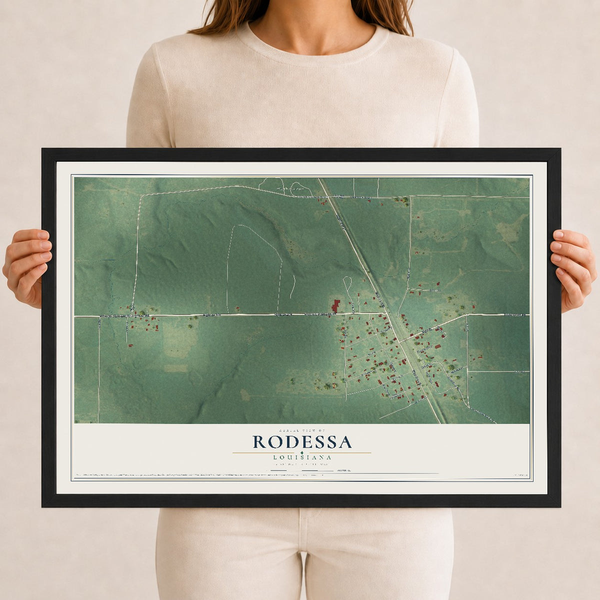 Map of Rodessa, Louisiana, 12 x 18 inch print in a black wood frame