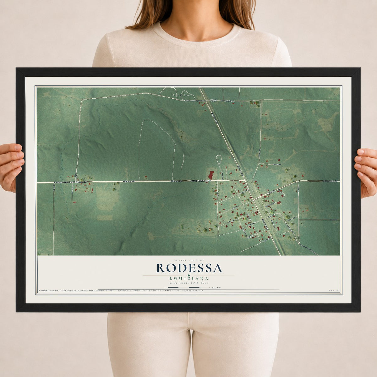 Map of Rodessa, Louisiana, 18 x 24 inch print in a black wood frame