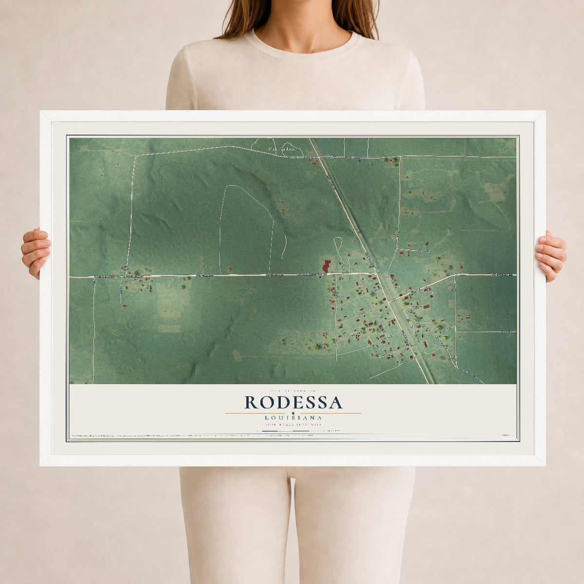 Map of Rodessa, Louisiana, 24 x 36 inch print in a white wood frame