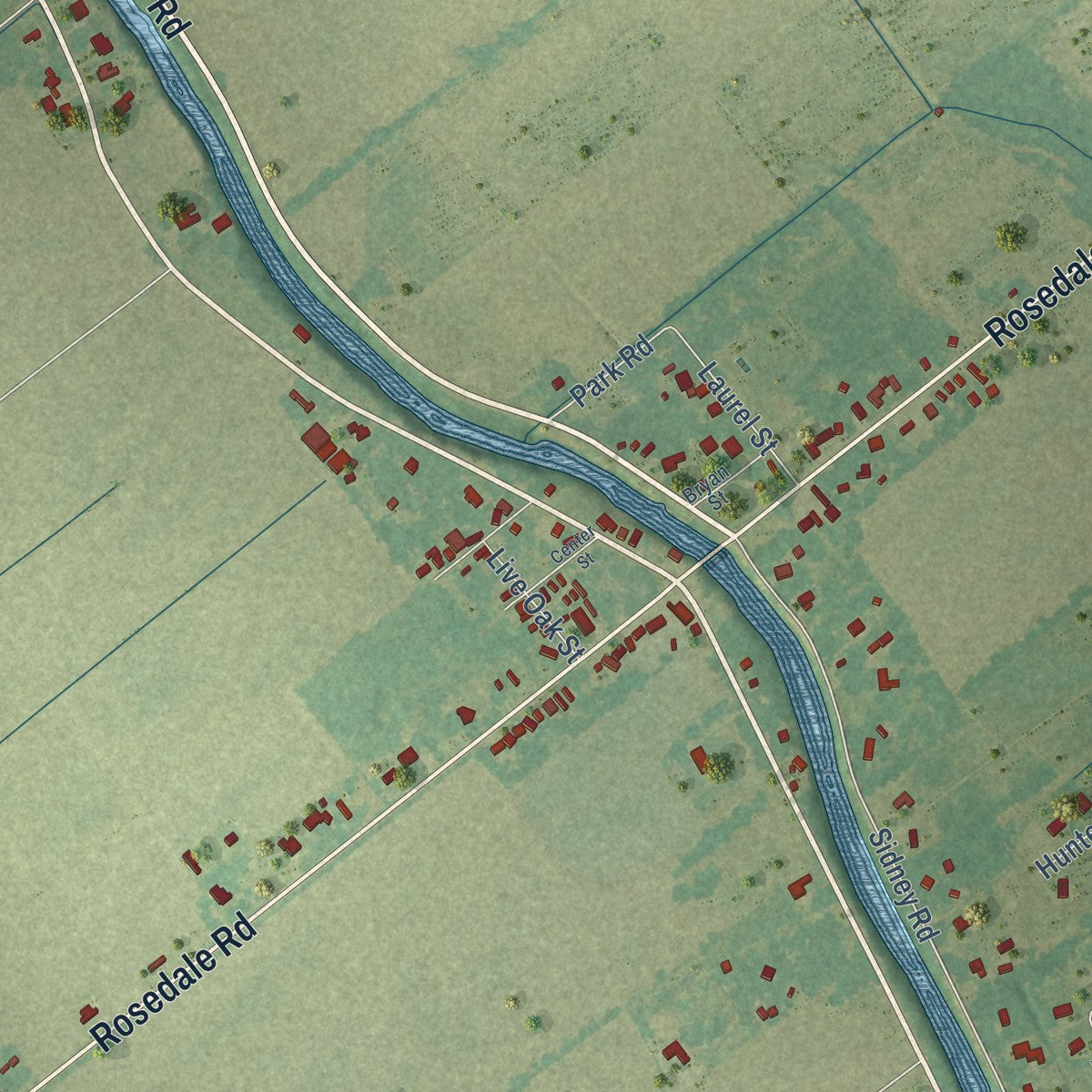 Close-up of the map of Rosedale, Louisiana print showing street and building detail
