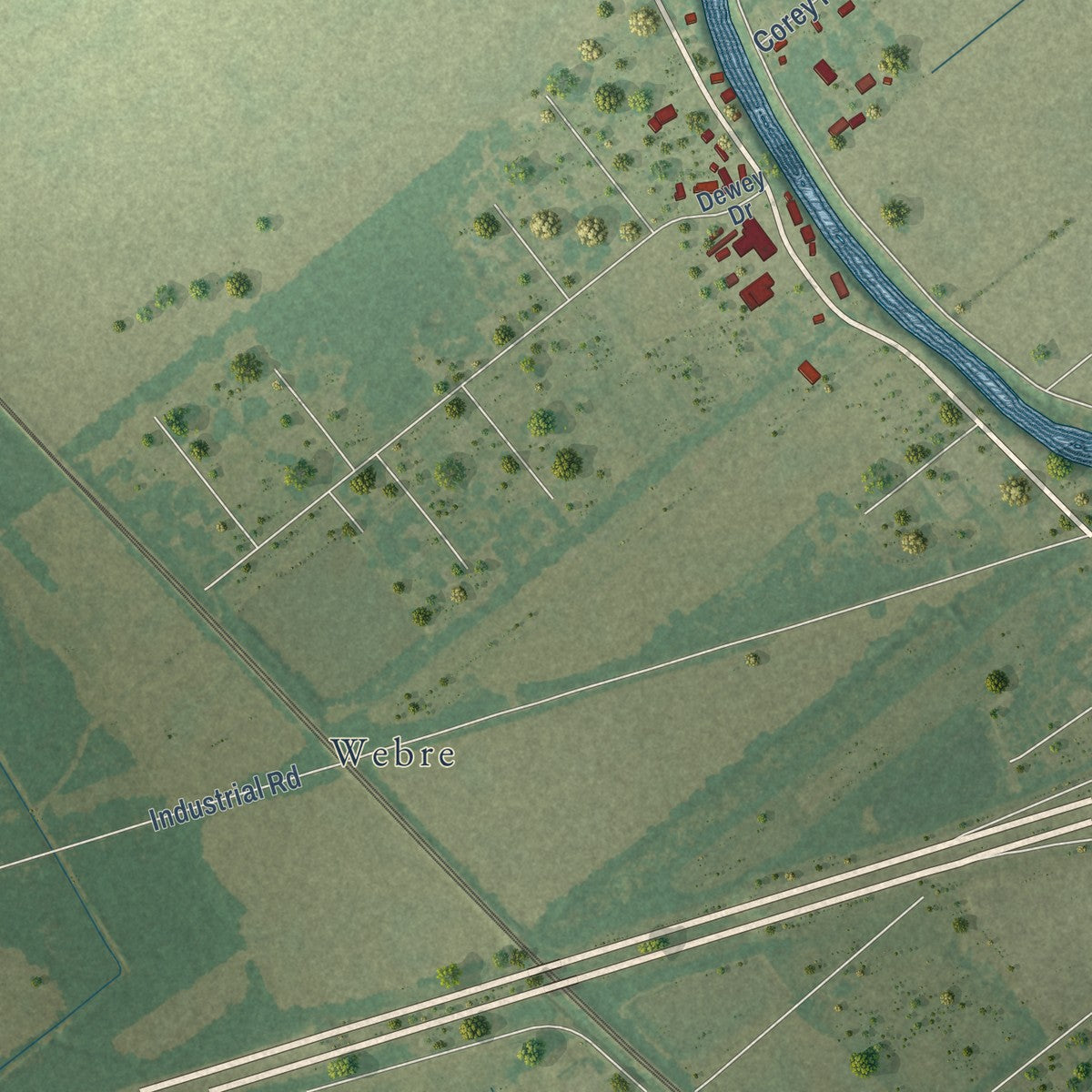 Second close-up of the map of Rosedale, Louisiana print showing more streets and buildings