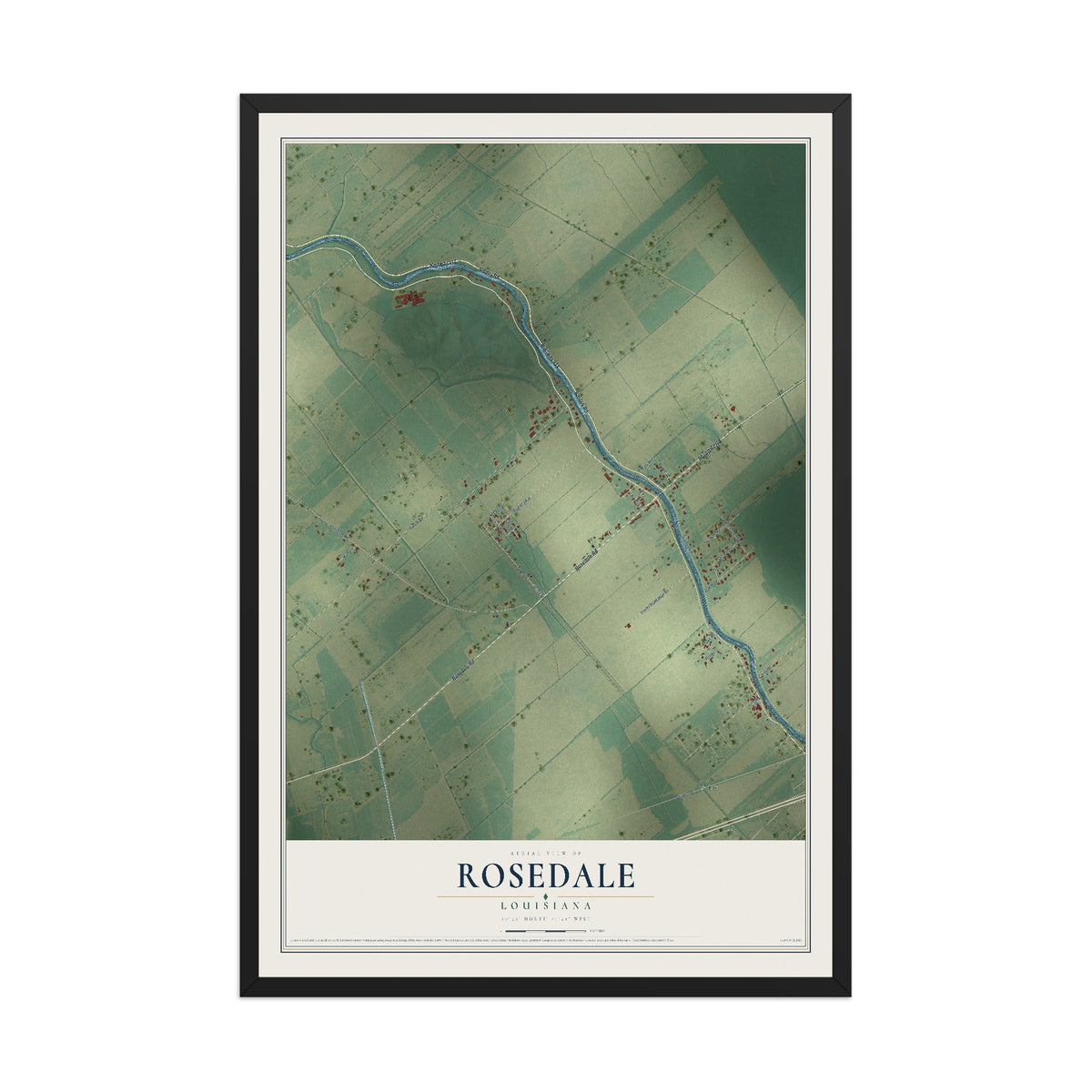 Map of Rosedale, Louisiana, 12 x 18 inch print in a black wood frame