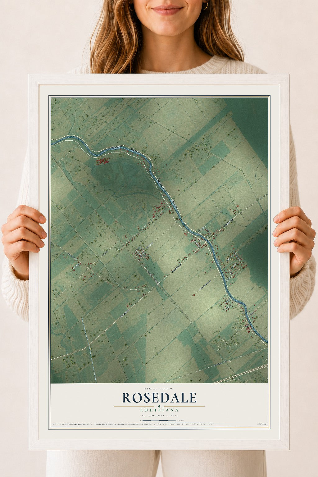 Map of Rosedale, Louisiana, 18 x 24 inch print in a white wood frame