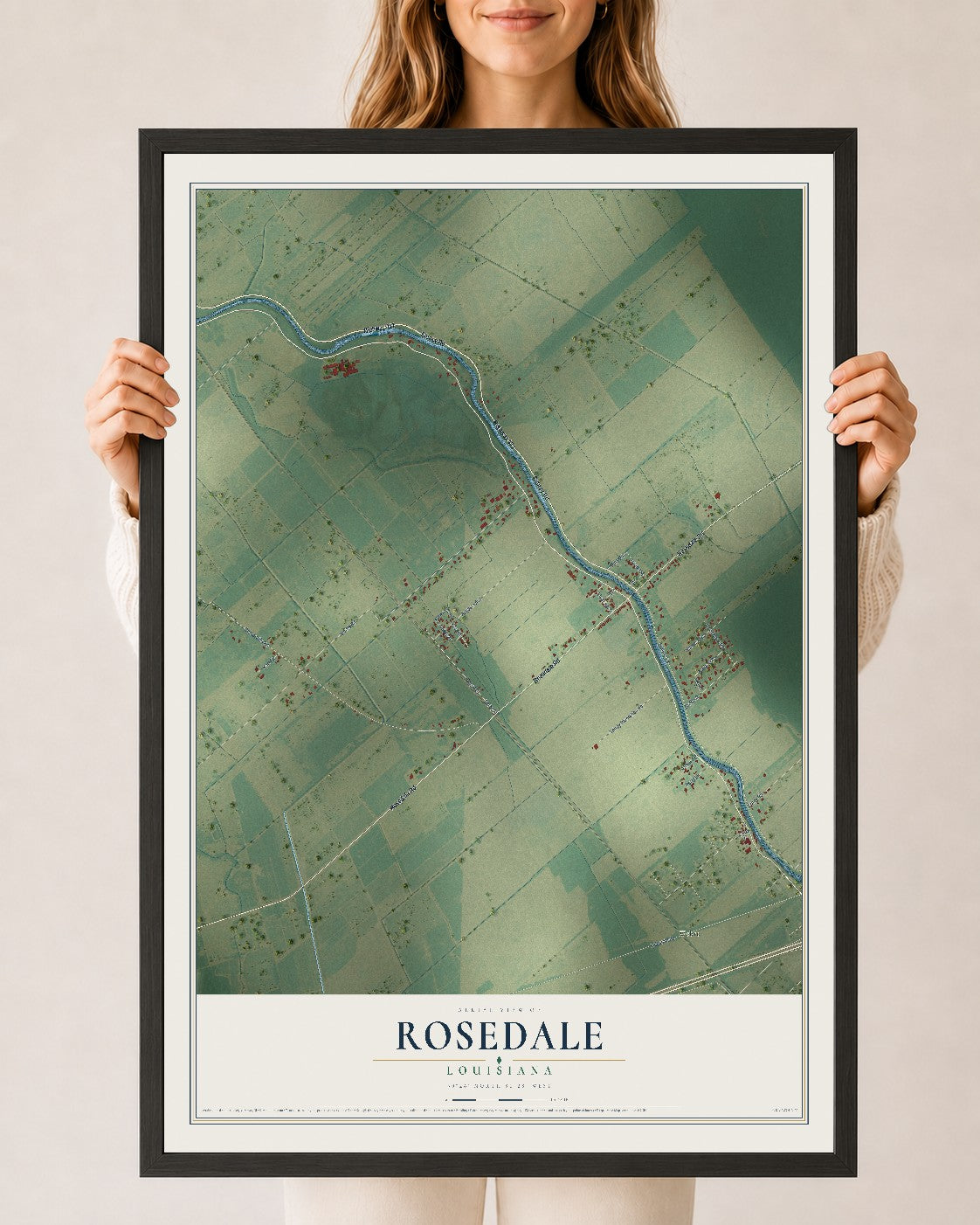Map of Rosedale, Louisiana, 24 x 36 inch print in a black wood frame