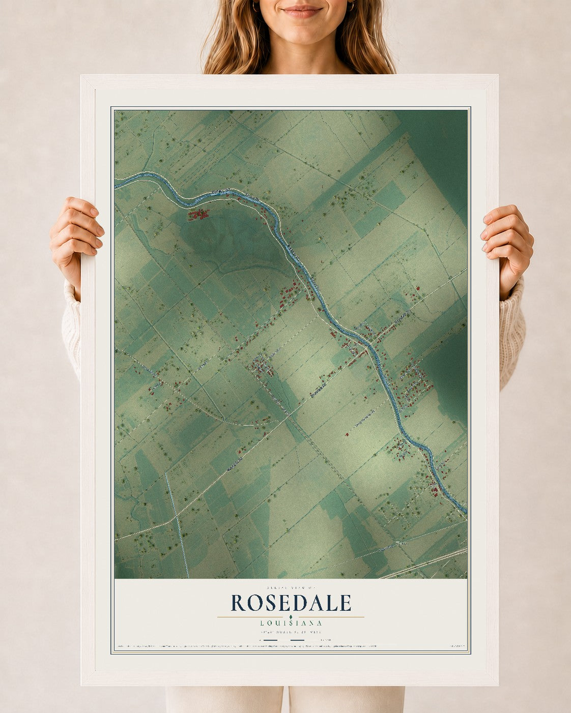 Map of Rosedale, Louisiana, 24 x 36 inch print in a white wood frame
