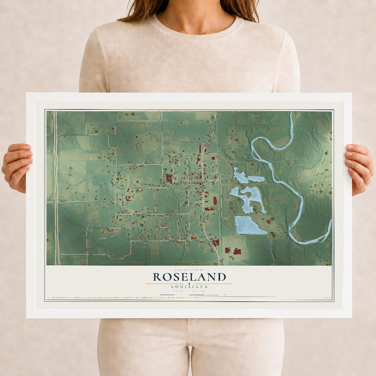 Map of Roseland, Louisiana, 12 x 18 inch print in a white wood frame