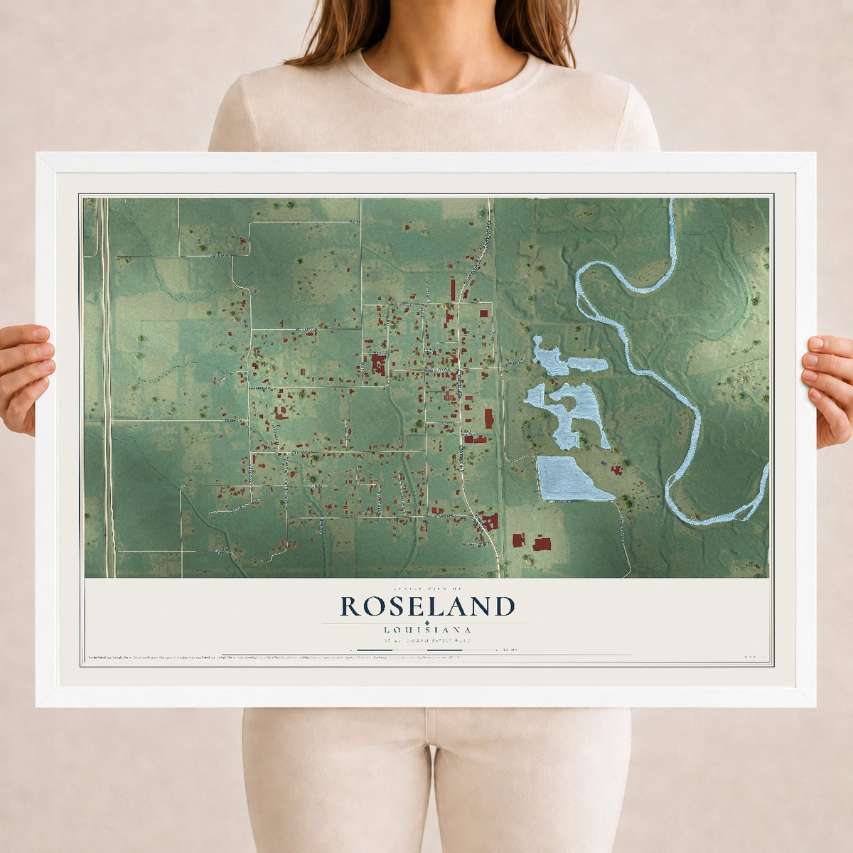 Map of Roseland, Louisiana, 18 x 24 inch print in a white wood frame