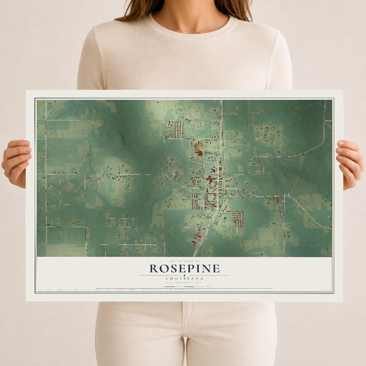 Map of Rosepine, Louisiana, 12 x 18 inch unframed archival matte print