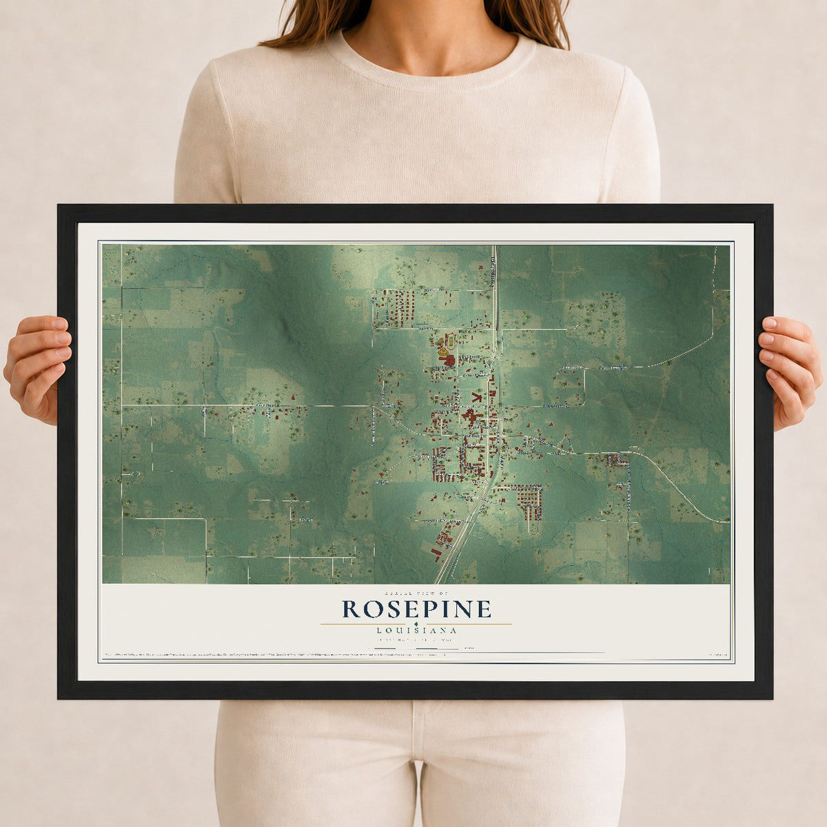 Map of Rosepine, Louisiana, 12 x 18 inch print in a black wood frame