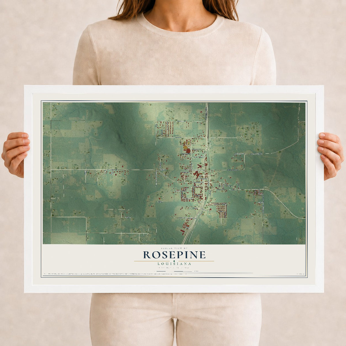 Map of Rosepine, Louisiana, 12 x 18 inch print in a white wood frame